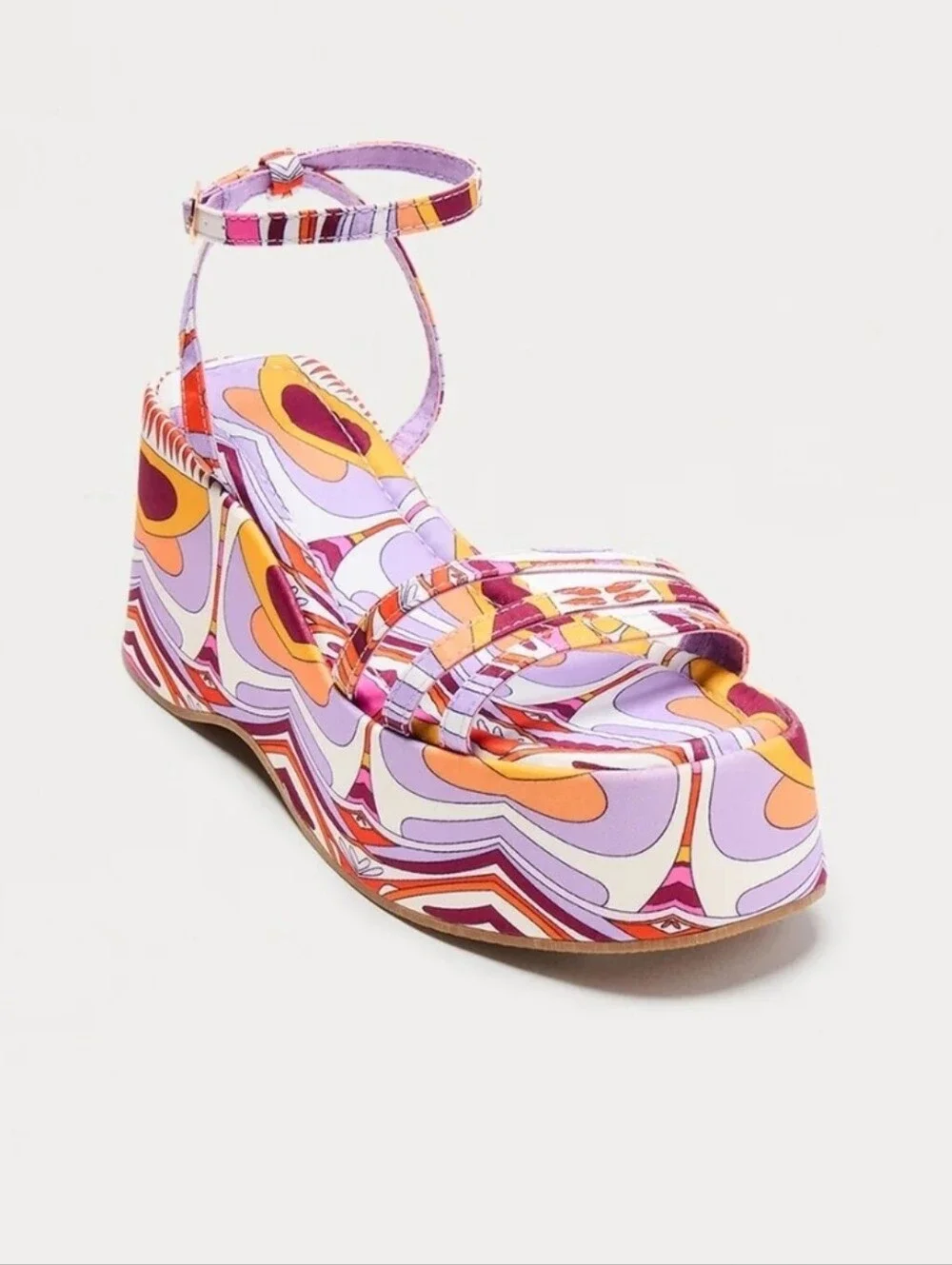 Platform Wedge Sandal in Purple-Pink Orange Print Sz 5.5